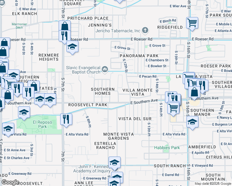 map of restaurants, bars, coffee shops, grocery stores, and more near 5818 South 11th Street in Phoenix