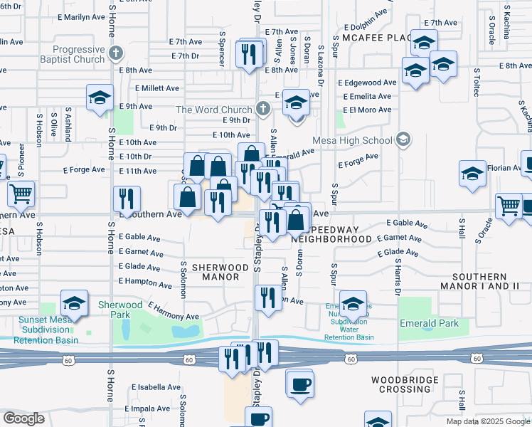 map of restaurants, bars, coffee shops, grocery stores, and more near 1214 East Southern Avenue in Mesa