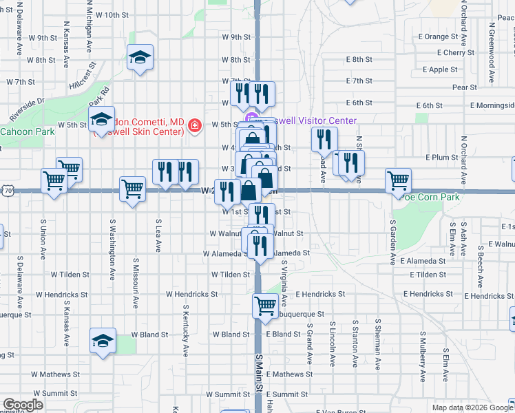 map of restaurants, bars, coffee shops, grocery stores, and more near 107 North Main Street in Roswell