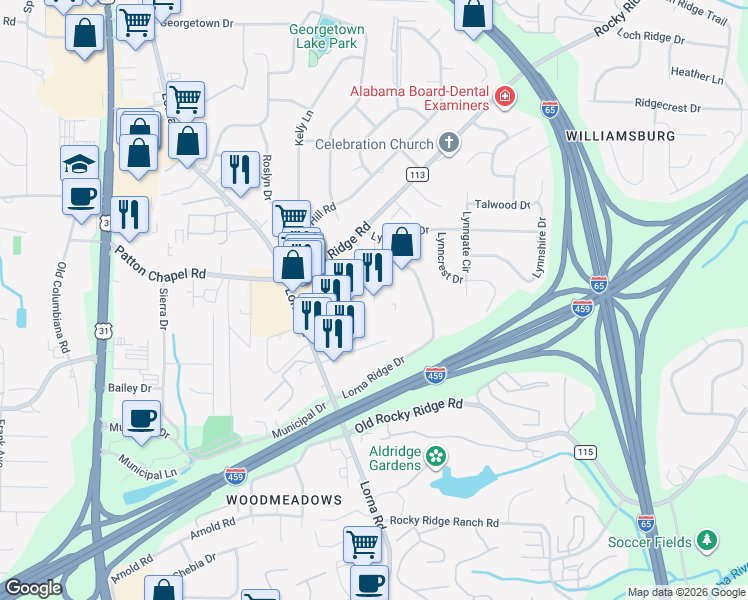map of restaurants, bars, coffee shops, grocery stores, and more near 3498 Lorna Lane in Hoover