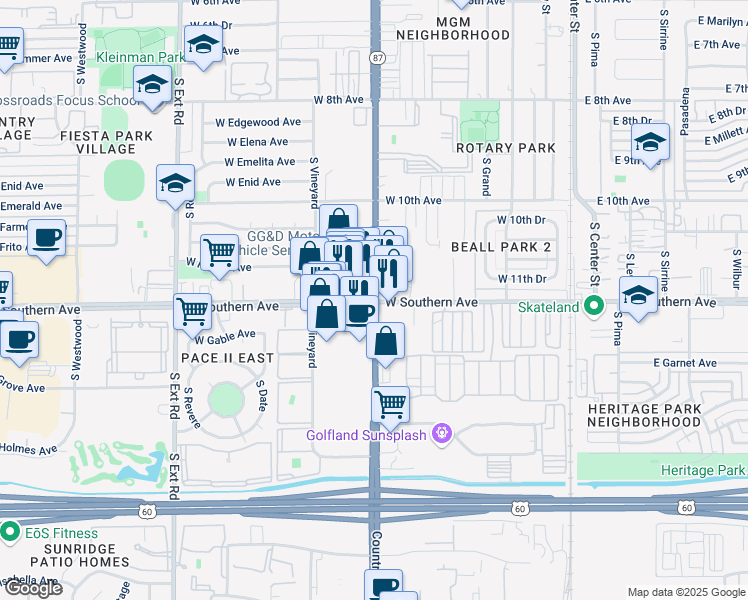 map of restaurants, bars, coffee shops, grocery stores, and more near South Country Club Drive & West Southern Avenue in Mesa
