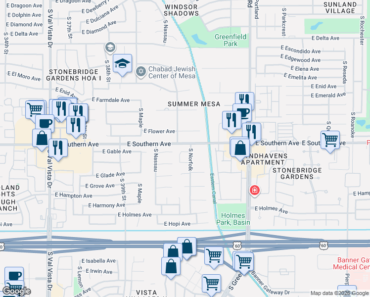 map of restaurants, bars, coffee shops, grocery stores, and more near 4117 East Gable Avenue in Mesa