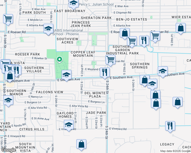 map of restaurants, bars, coffee shops, grocery stores, and more near 2311 East Southern Avenue in Phoenix