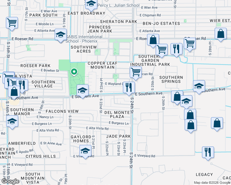 map of restaurants, bars, coffee shops, grocery stores, and more near 2311 East Southern Avenue in Phoenix
