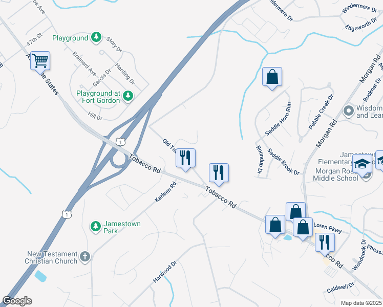 map of restaurants, bars, coffee shops, grocery stores, and more near 2919 Tobacco Road in Hephzibah