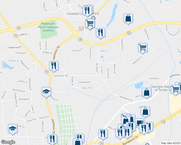 map of restaurants, bars, coffee shops, grocery stores, and more near 42 Sprayberry Road in Newnan