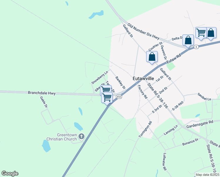 map of restaurants, bars, coffee shops, grocery stores, and more near 216 Tartan Drive in Eutawville