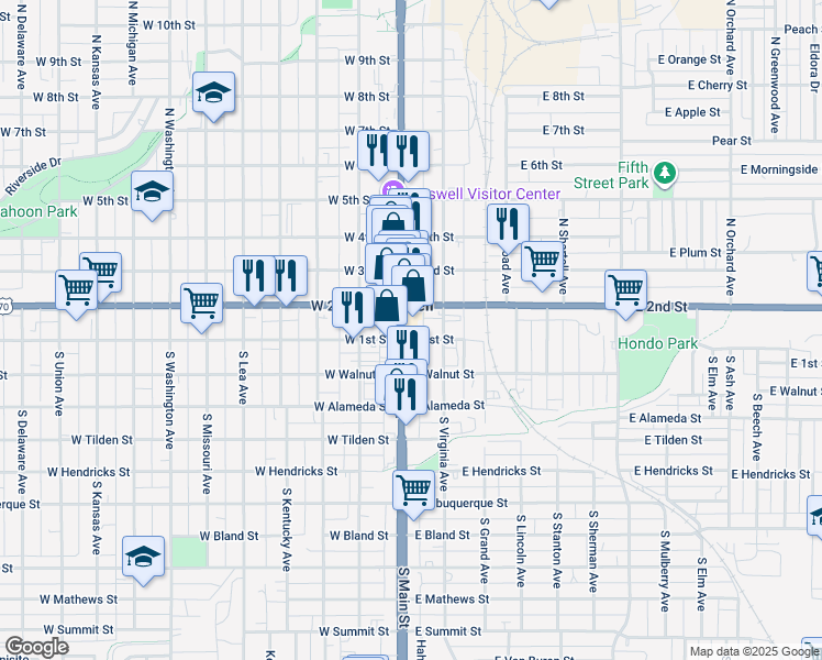 map of restaurants, bars, coffee shops, grocery stores, and more near 102 West 1st Street in Roswell