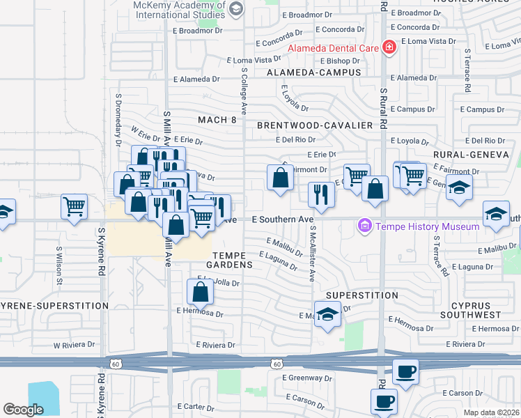 map of restaurants, bars, coffee shops, grocery stores, and more near 309 East Patrician Drive in Tempe