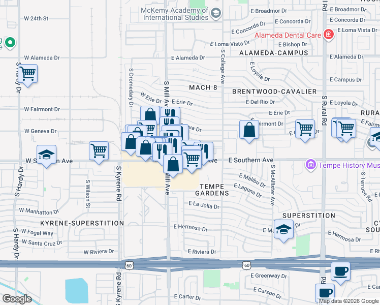 map of restaurants, bars, coffee shops, grocery stores, and more near 200 East Southern Avenue in Tempe