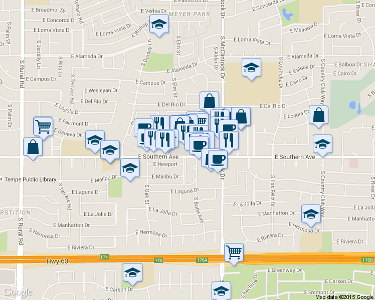 map of restaurants, bars, coffee shops, grocery stores, and more near 1698 E Southern Ave in Tempe