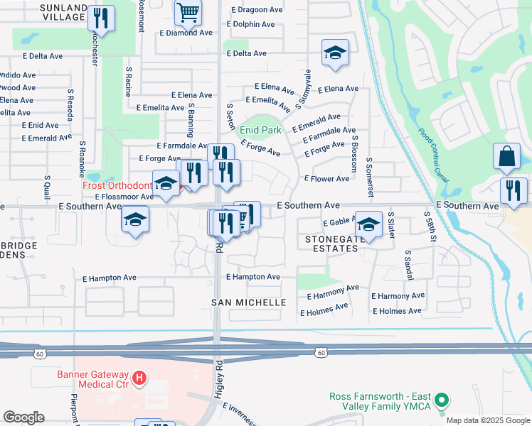 map of restaurants, bars, coffee shops, grocery stores, and more near 5210 East Hampton Avenue in Mesa