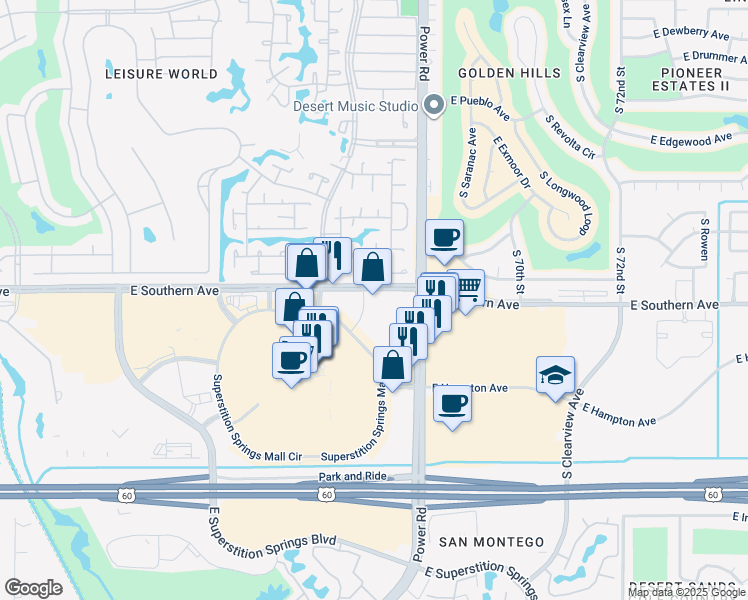 map of restaurants, bars, coffee shops, grocery stores, and more near 6709 East Southern Avenue in Mesa