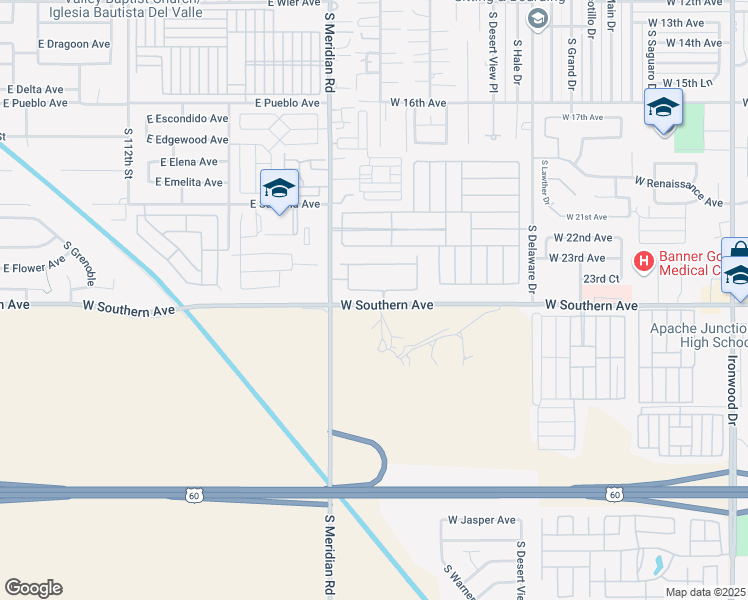map of restaurants, bars, coffee shops, grocery stores, and more near 2203 South Meridian Road in Apache Junction