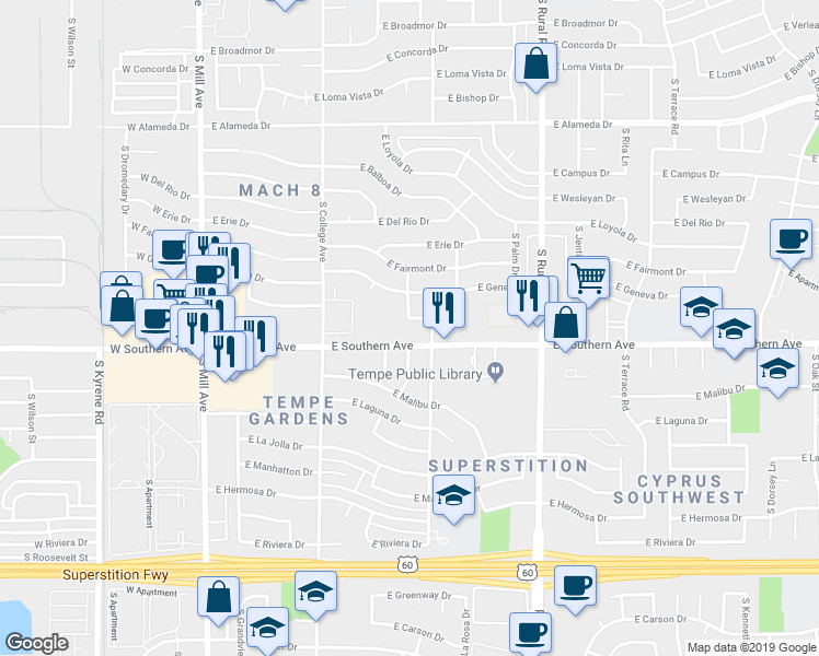 map of restaurants, bars, coffee shops, grocery stores, and more near 512 East Southern Avenue in Tempe