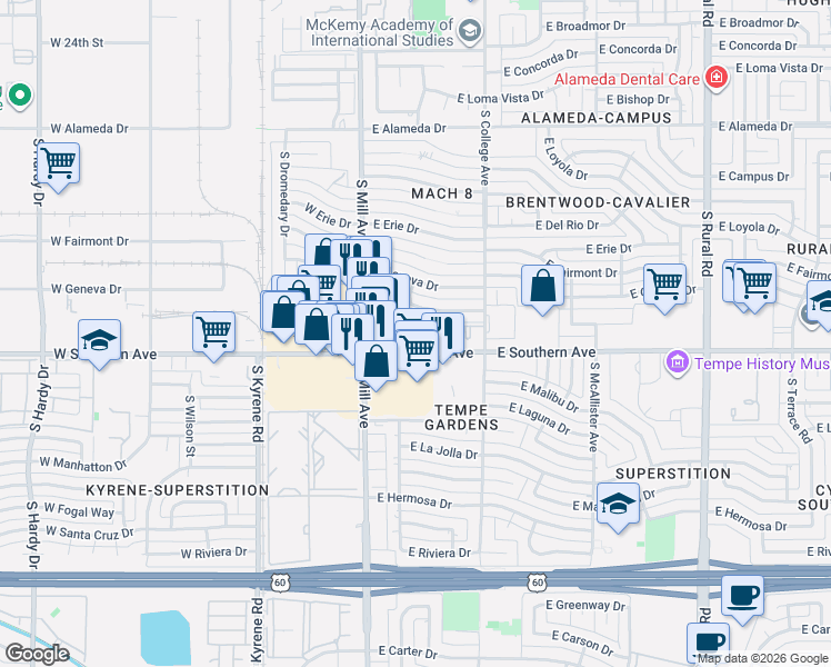 map of restaurants, bars, coffee shops, grocery stores, and more near 125 East Southern Avenue in Tempe