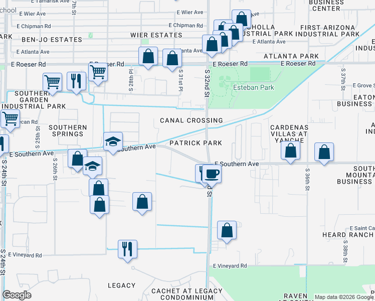map of restaurants, bars, coffee shops, grocery stores, and more near 3130 East Southern Avenue in Phoenix