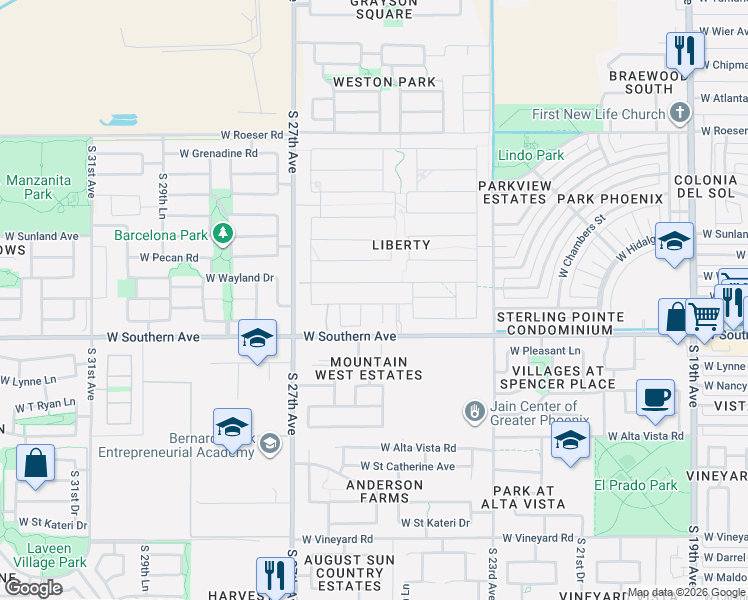 map of restaurants, bars, coffee shops, grocery stores, and more near 5835 South 25th Street in Phoenix