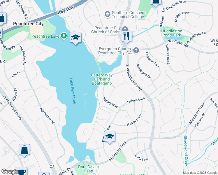 map of restaurants, bars, coffee shops, grocery stores, and more near 210 Regester Way in Peachtree City