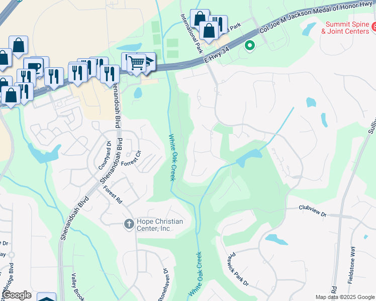 map of restaurants, bars, coffee shops, grocery stores, and more near 35 Torrey Pines Court in Newnan