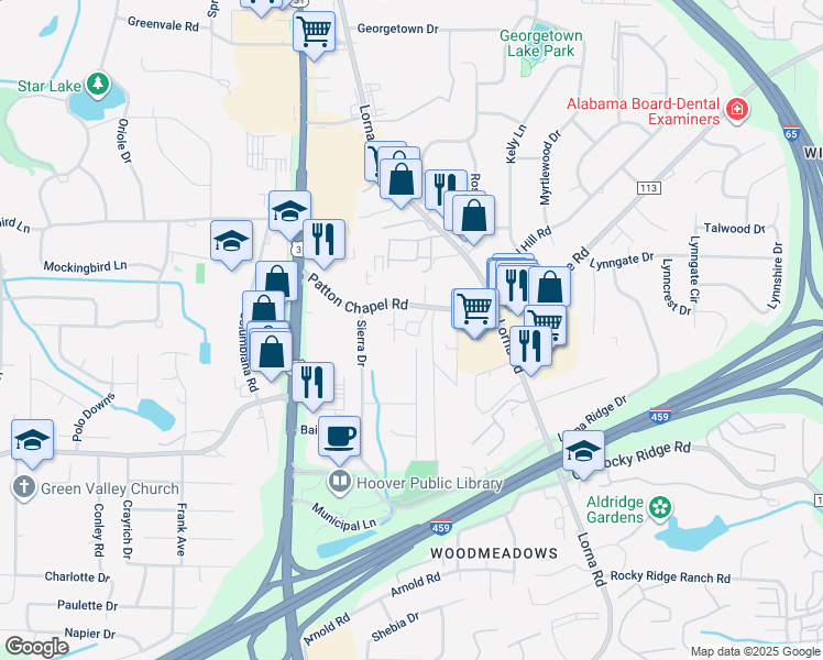 map of restaurants, bars, coffee shops, grocery stores, and more near 3424 Sheila Drive in Birmingham