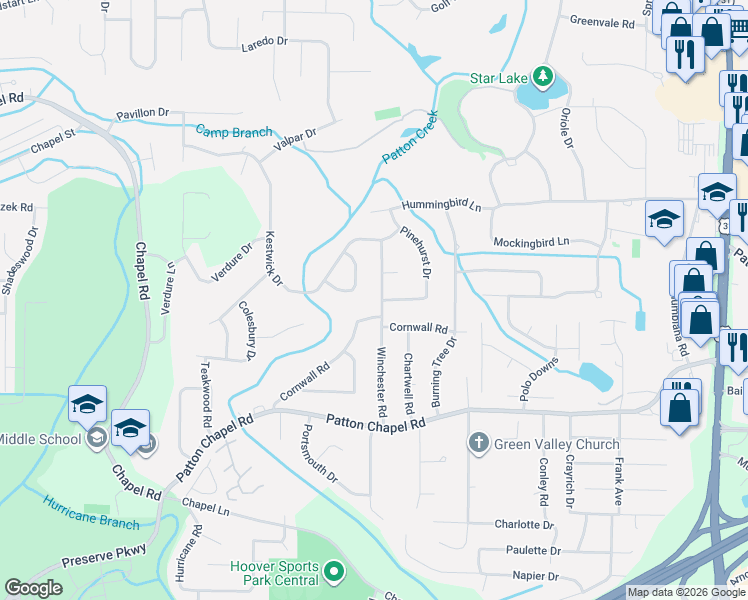 map of restaurants, bars, coffee shops, grocery stores, and more near 1790 Cornwall Road in Birmingham