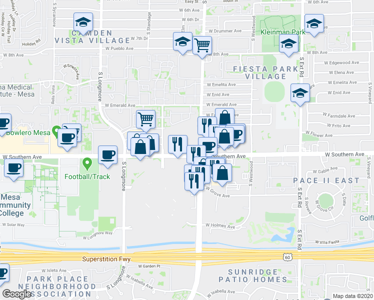 map of restaurants, bars, coffee shops, grocery stores, and more near in Mesa