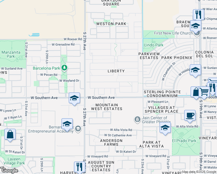 map of restaurants, bars, coffee shops, grocery stores, and more near 5835 South 25th Street in Phoenix