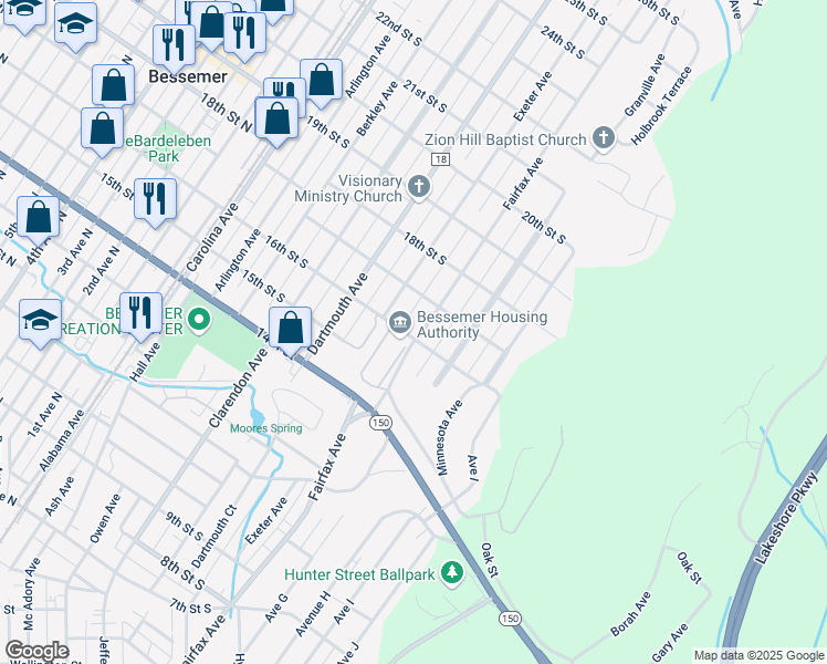 map of restaurants, bars, coffee shops, grocery stores, and more near 1548 Exeter Court in Bessemer