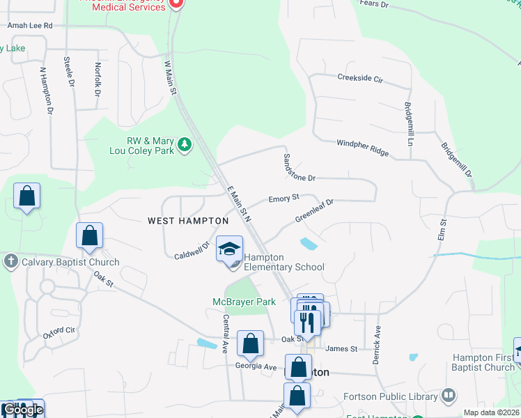 map of restaurants, bars, coffee shops, grocery stores, and more near 2 Emory Street in Hampton