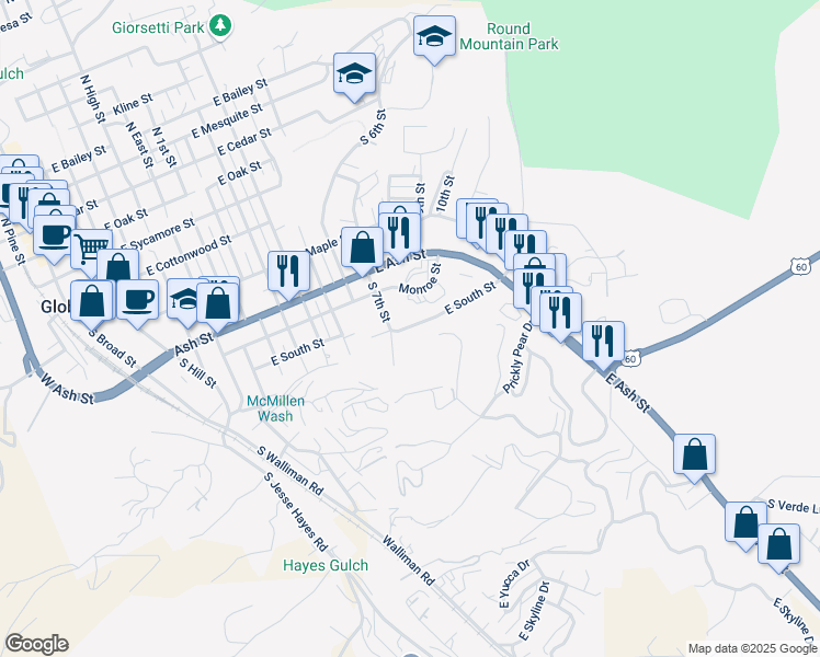 map of restaurants, bars, coffee shops, grocery stores, and more near 1425 South East Street in Globe