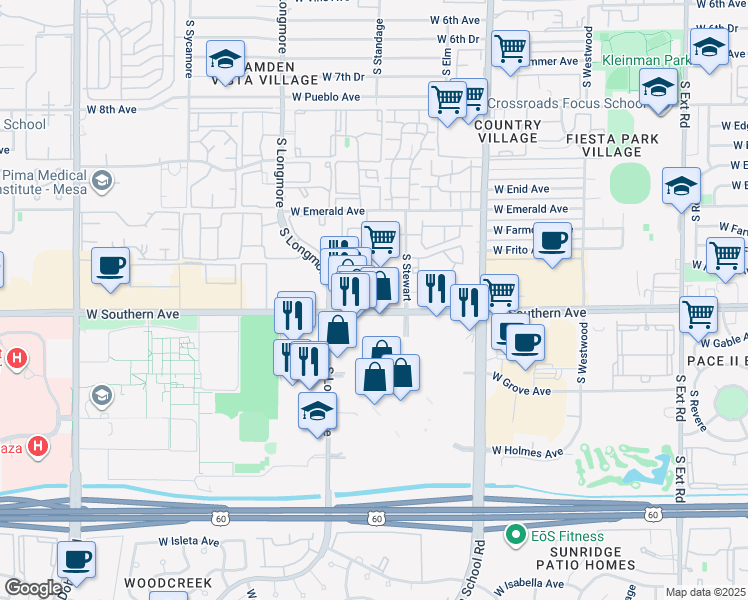 map of restaurants, bars, coffee shops, grocery stores, and more near 1356 West Southern Avenue in Mesa