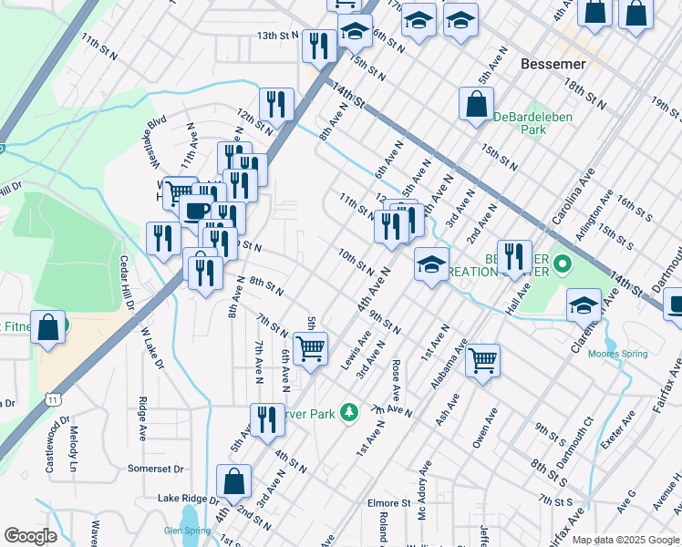 map of restaurants, bars, coffee shops, grocery stores, and more near 913 5th Avenue North in Bessemer