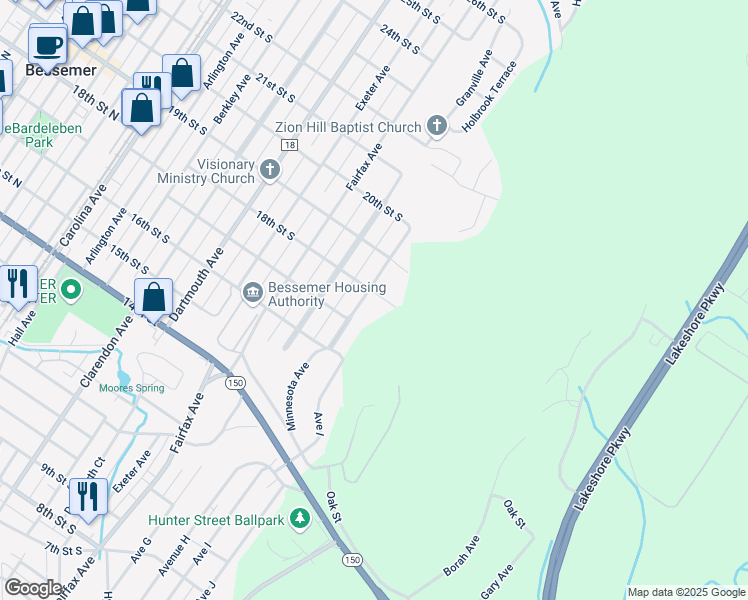 map of restaurants, bars, coffee shops, grocery stores, and more near 1711 Holbrook Avenue in Bessemer