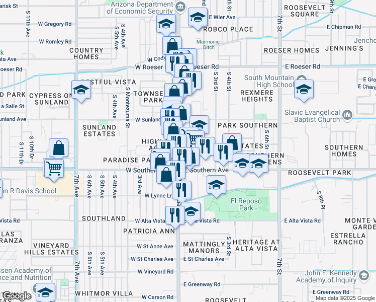 map of restaurants, bars, coffee shops, grocery stores, and more near 5847 South Central Avenue in Phoenix