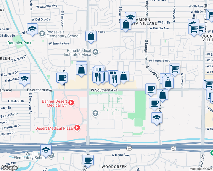 map of restaurants, bars, coffee shops, grocery stores, and more near 1850 West Southern Avenue in Mesa