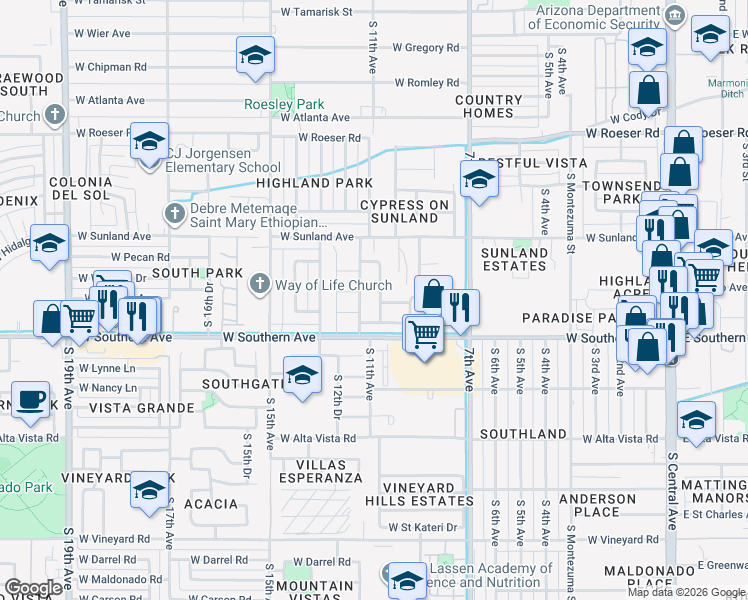 map of restaurants, bars, coffee shops, grocery stores, and more near 1022 West Kowalsky Lane in Phoenix