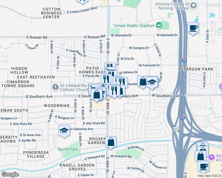 map of restaurants, bars, coffee shops, grocery stores, and more near 3259-3299 South 48th Street in Tempe