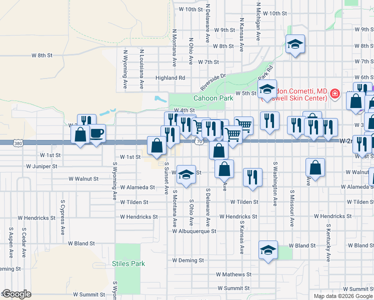 map of restaurants, bars, coffee shops, grocery stores, and more near 106 North Ohio Avenue in Roswell