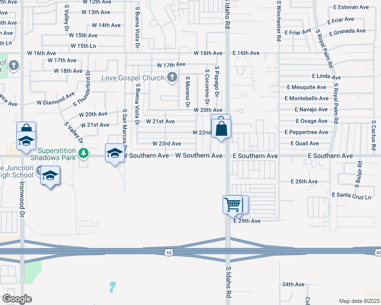 map of restaurants, bars, coffee shops, grocery stores, and more near 260 West Southern Avenue in Apache Junction