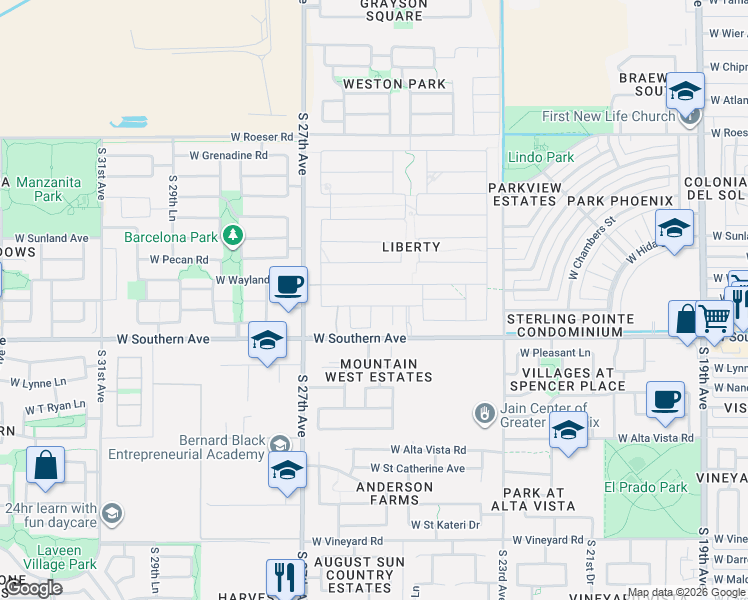map of restaurants, bars, coffee shops, grocery stores, and more near 5835 South 25th Street in Phoenix