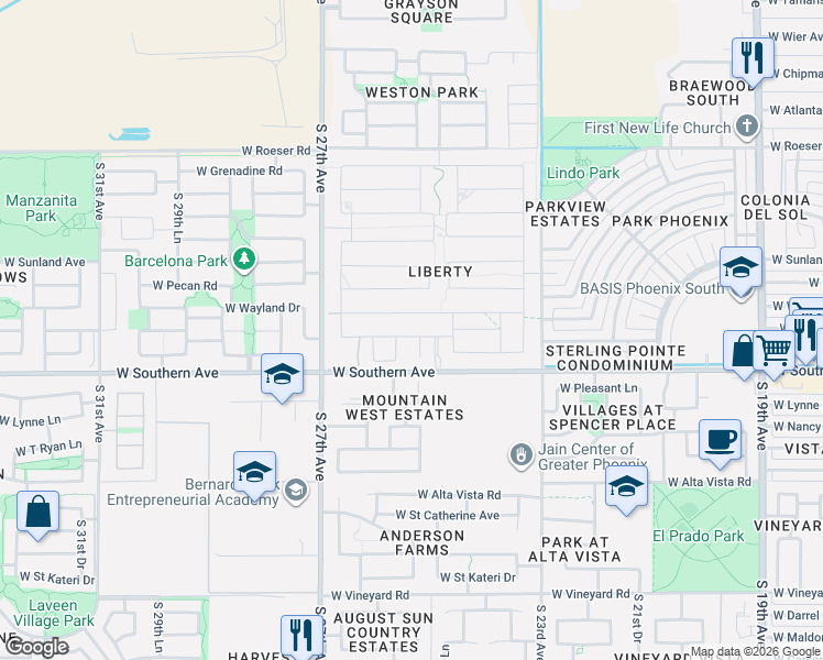 map of restaurants, bars, coffee shops, grocery stores, and more near 5835 South 25th Street in Phoenix