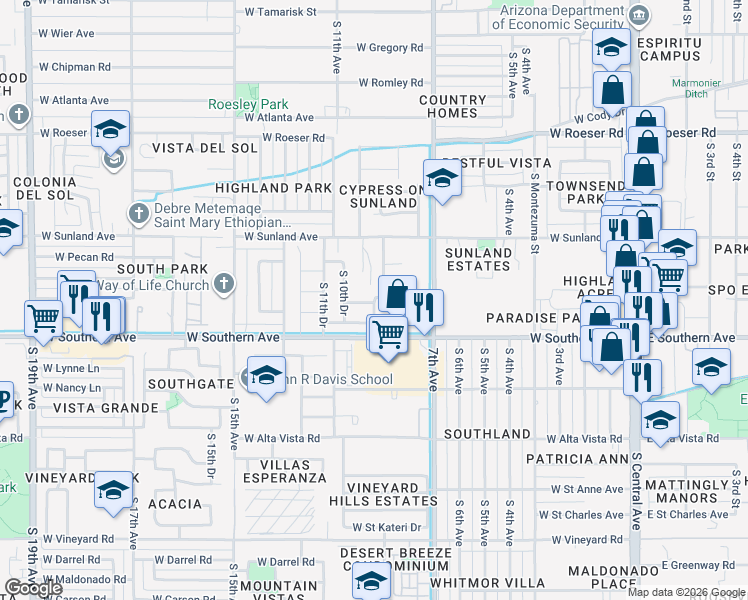 map of restaurants, bars, coffee shops, grocery stores, and more near 907 West Jessica Lane in Phoenix