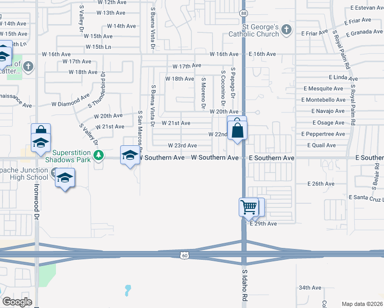 map of restaurants, bars, coffee shops, grocery stores, and more near 400 West Southern Avenue in Apache Junction