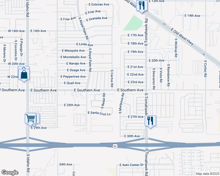map of restaurants, bars, coffee shops, grocery stores, and more near 2382 South Cactus Road in Apache Junction