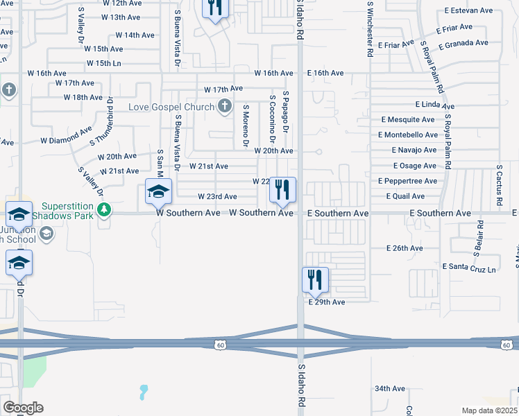 map of restaurants, bars, coffee shops, grocery stores, and more near 260 West Southern Avenue in Apache Junction