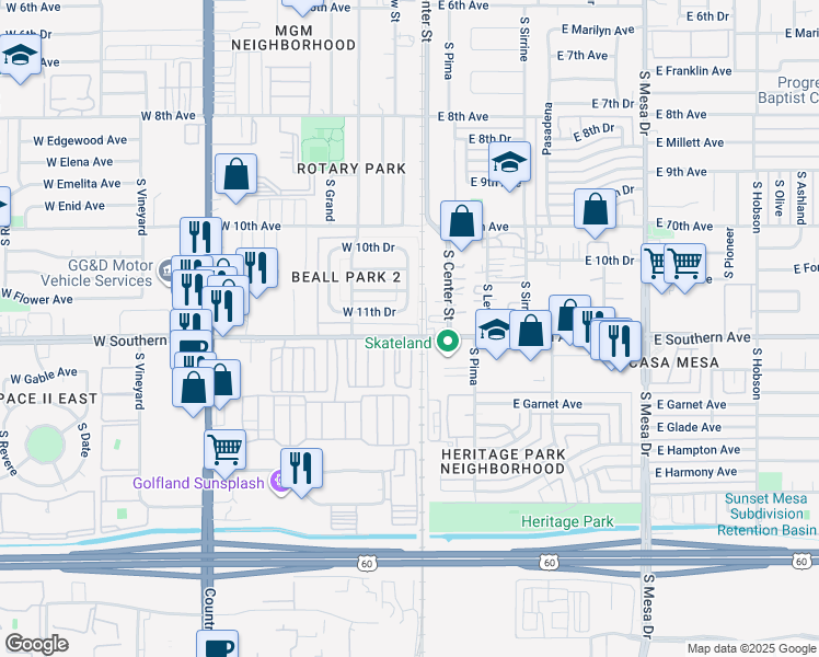 map of restaurants, bars, coffee shops, grocery stores, and more near 29 West Southern Avenue in Mesa