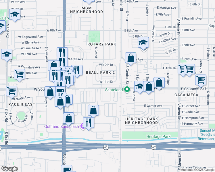 map of restaurants, bars, coffee shops, grocery stores, and more near 89 West Southern Avenue in Mesa