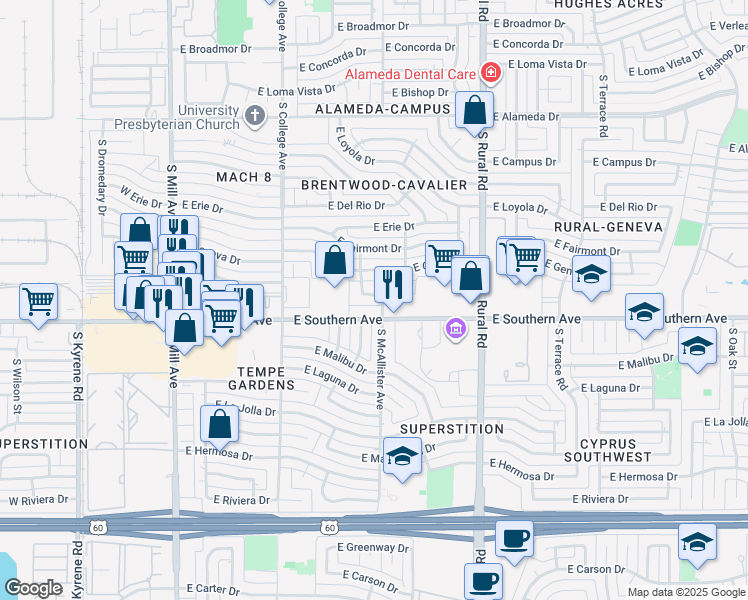 map of restaurants, bars, coffee shops, grocery stores, and more near 512 East Southern Avenue in Tempe