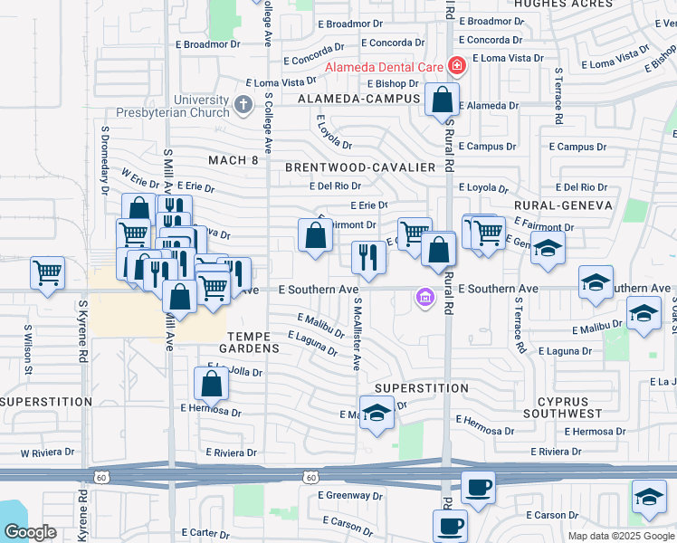 map of restaurants, bars, coffee shops, grocery stores, and more near 512 East Southern Avenue in Tempe